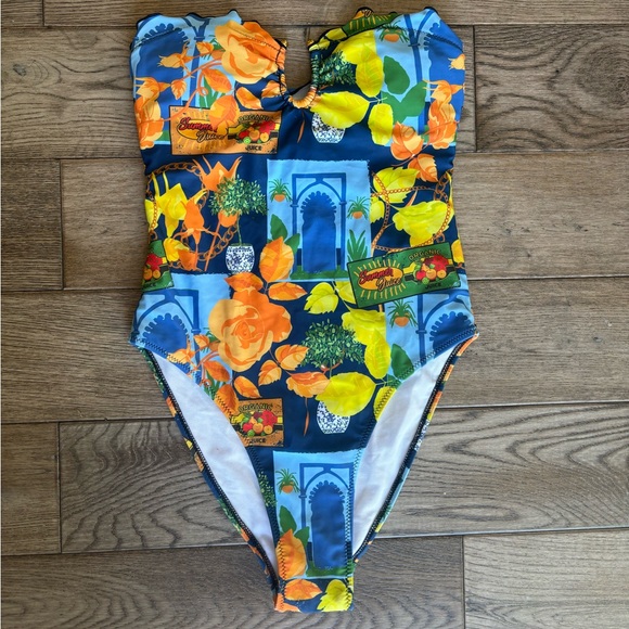 Fashion Nova Strapless Floral Citrus Print One-Piece Swimsuit - Blue/Yellow - Picture 5 of 9